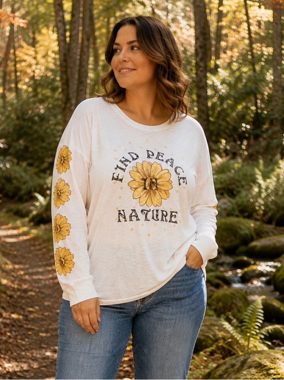 Torrid Find Peace in Nature Sunflower Graphic Tee 00 M L Marshmallow Long Sleeve